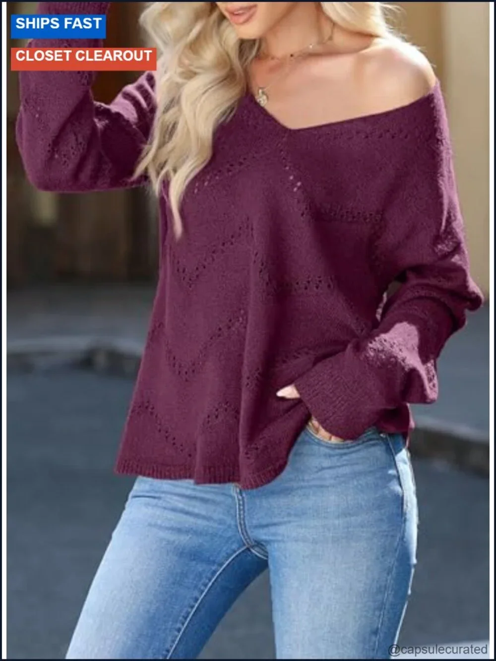 Women's Crochet Long Sleeve Pullover Sweater V-Neck Hollow Out Fall Top
